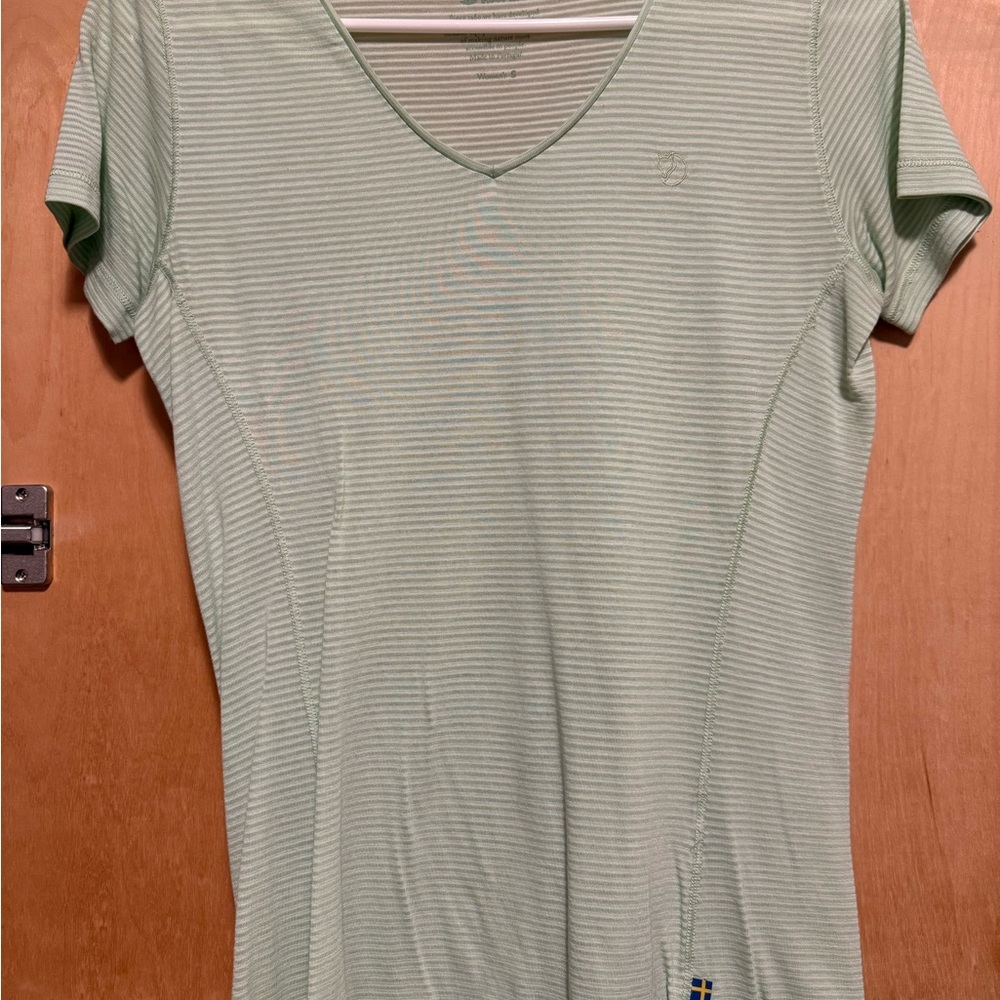 Fjallraven Light Mint Striped V‑Neck Short Sleeve Tee